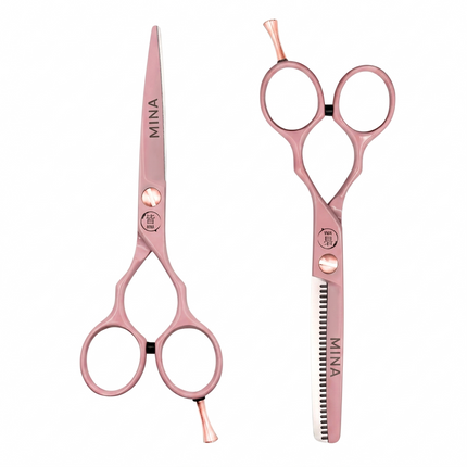 Mina Classic Pastel Pink Professional Shears Set — pastel pink cutting and thinning scissors with rose gold accents (SKU: MIN-MPNK-S55)