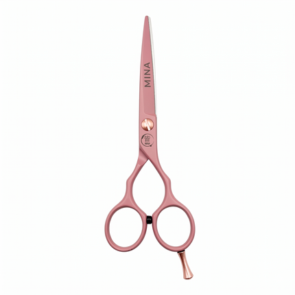 Mina Classic Pastel Pink cutting scissor — pastel pink blade with rose gold tension screw and finger rest
