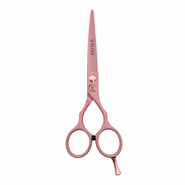 Mina Classic Pastel Pink cutting scissor — pastel pink blade with rose gold tension screw and finger rest