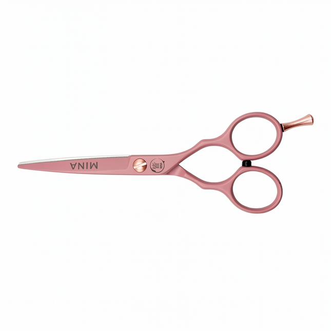 Mina Classic Pastel Pink cutting scissor — pastel pink blade with rose gold accents, side view