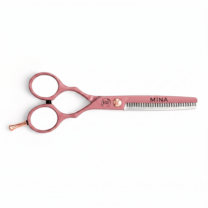Mina Classic Pastel Pink thinning scissor — pastel pink texturizing blade with rose gold accents