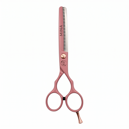 Mina Classic Pastel Pink thinning scissor — close-up of the pastel pink texturizing teeth