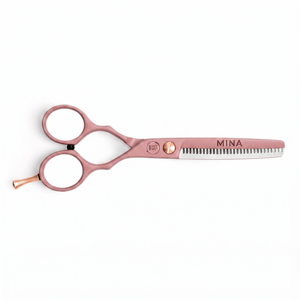 Mina Classic Pastel Pink thinning scissor — pastel pink serrated thinning blade, side view