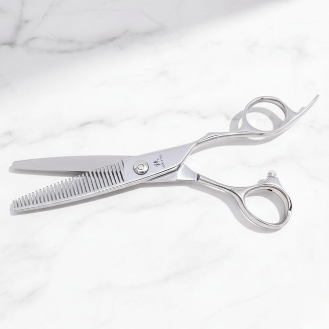Juntetsu VG10 Offset Thinning Scissors (SKU: JUN-OFF-T60  JUN-OFF-M-4545 SKU: JUN-OFF-S45). 