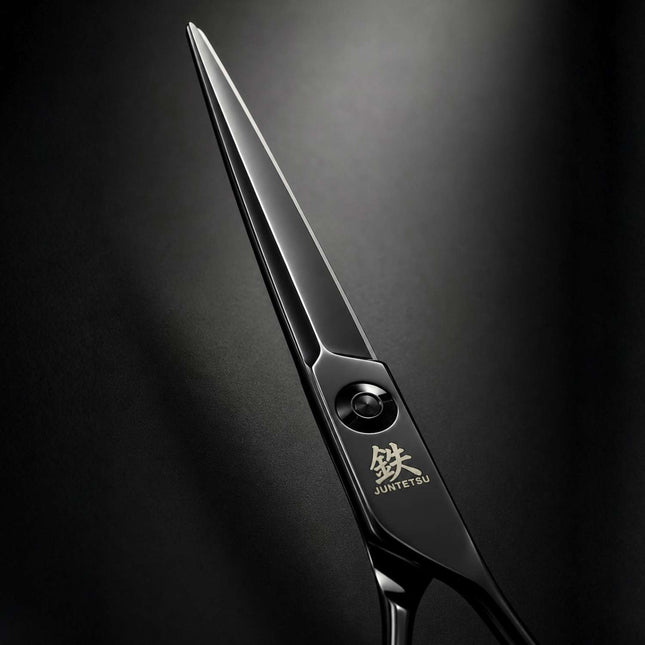 Juntetsu Black Cobalt scissor blade close up showing sword profile