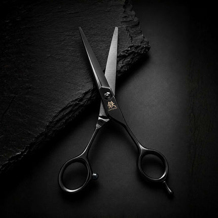 Juntetsu Black Cobalt hair cutting scissor with blades open
