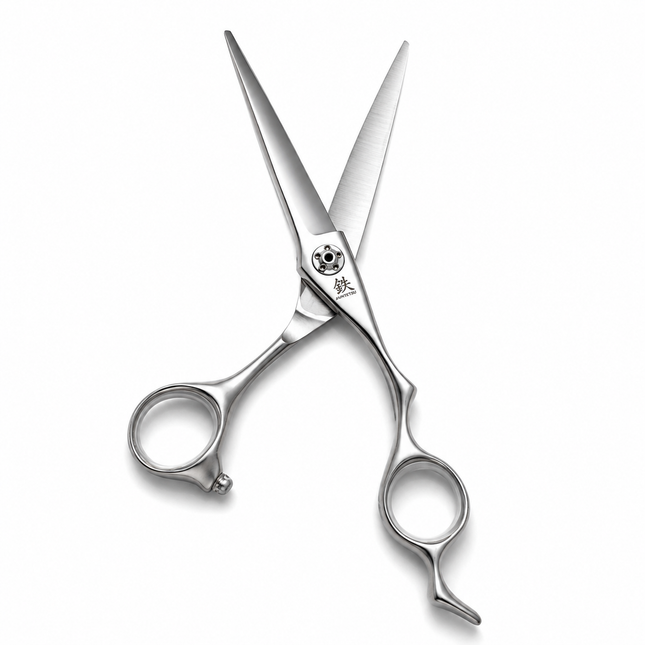 Juntetsu Crane Super Offset scissor with blades open showing convex edge