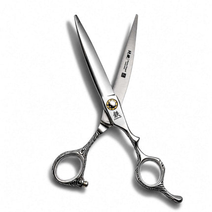 Juntetsu Kenshi scissor with blades open showing sword profile convex edge