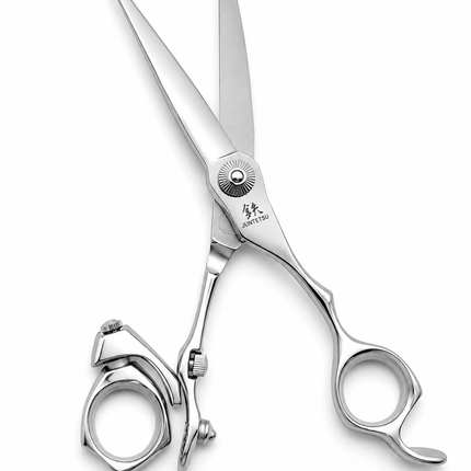 Juntetsu Swivel Offset scissor blades open close up showing convex edge
