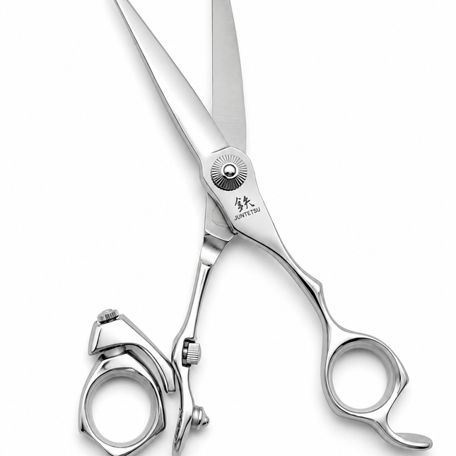 Juntetsu Swivel Offset scissor blades open close up showing convex edge