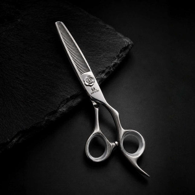 Juntetsu Rose thinning scissor on dark background
