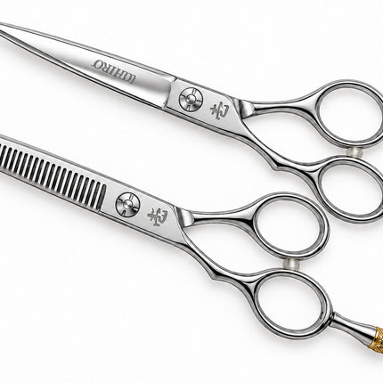 Ichiro Crown Lefty cutting and thinning scissors side by side at an angle, showing both offset handles