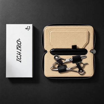 Ichiro Shears Professional Travel Case holding a cutting and a thinning scissor beside an Ichiro box, sold separately (SKU: ICH-CASE-TRV)