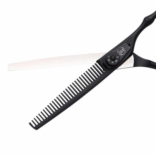 Ponadczasowe, matowe czarne nożyczki przerzedzające fryzjerskie - japońskie nożyczki